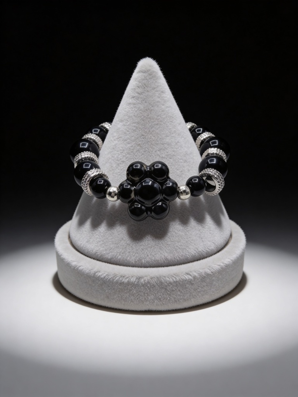 Black Beaded Stretch Bracelet with Floral Center & Silver Accent Rings
